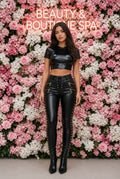 Shiny Black Crop Top & Studded Lace-Up Pants Set