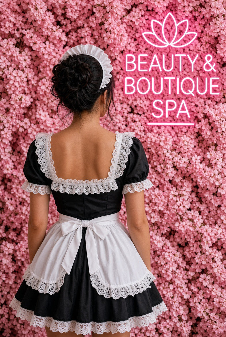 Sexy Black & White Maid Costume Set with Apron & Fishnets
