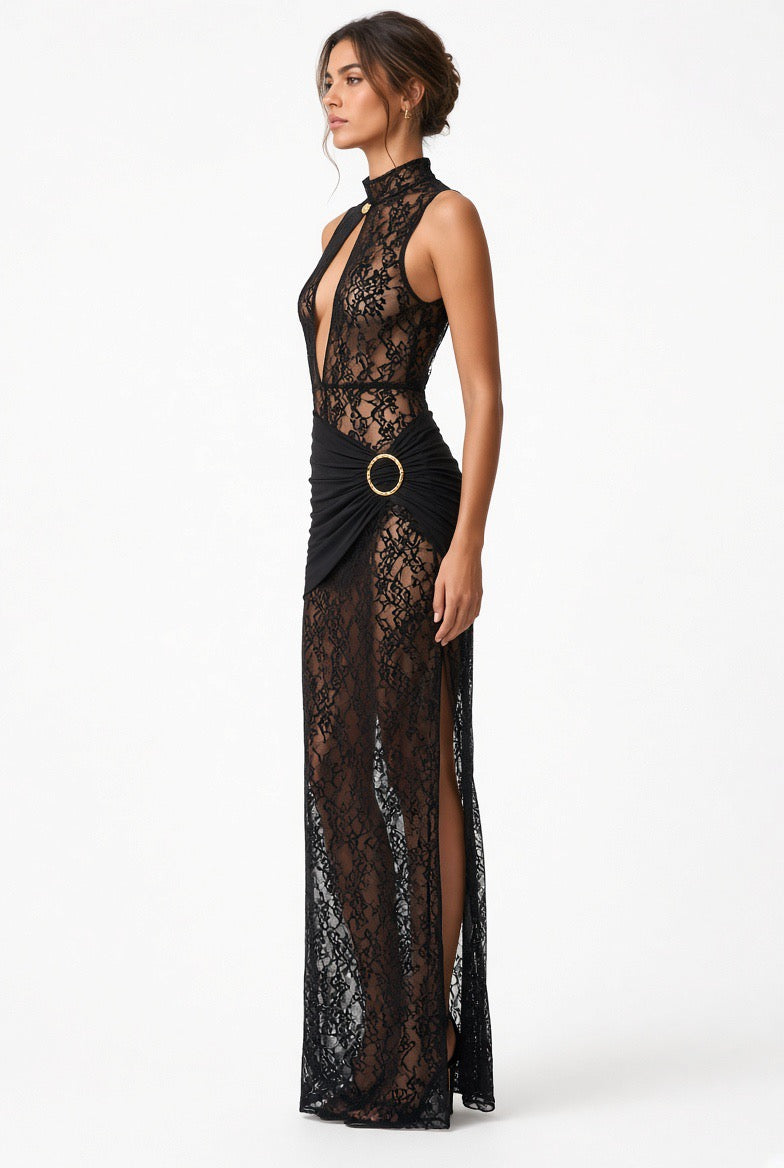 Black Sheer Lace Maxi Dress with Gold Buckle – Sexy Sleeveless High-Slit Dress