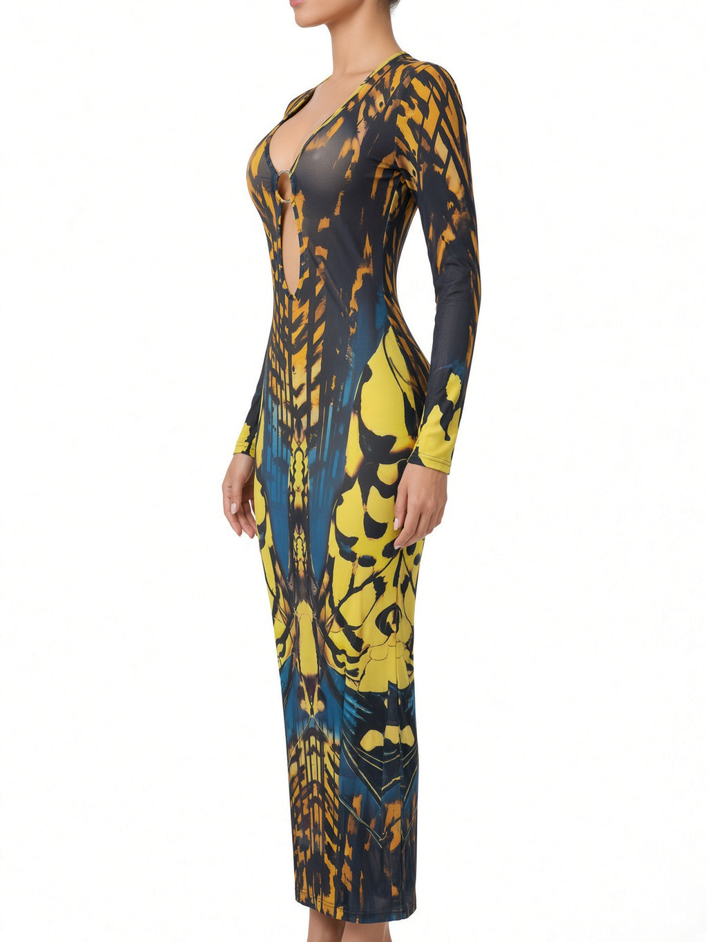 Overlapping Ring Closure Long Sleeve Low Cut Back Split Dress