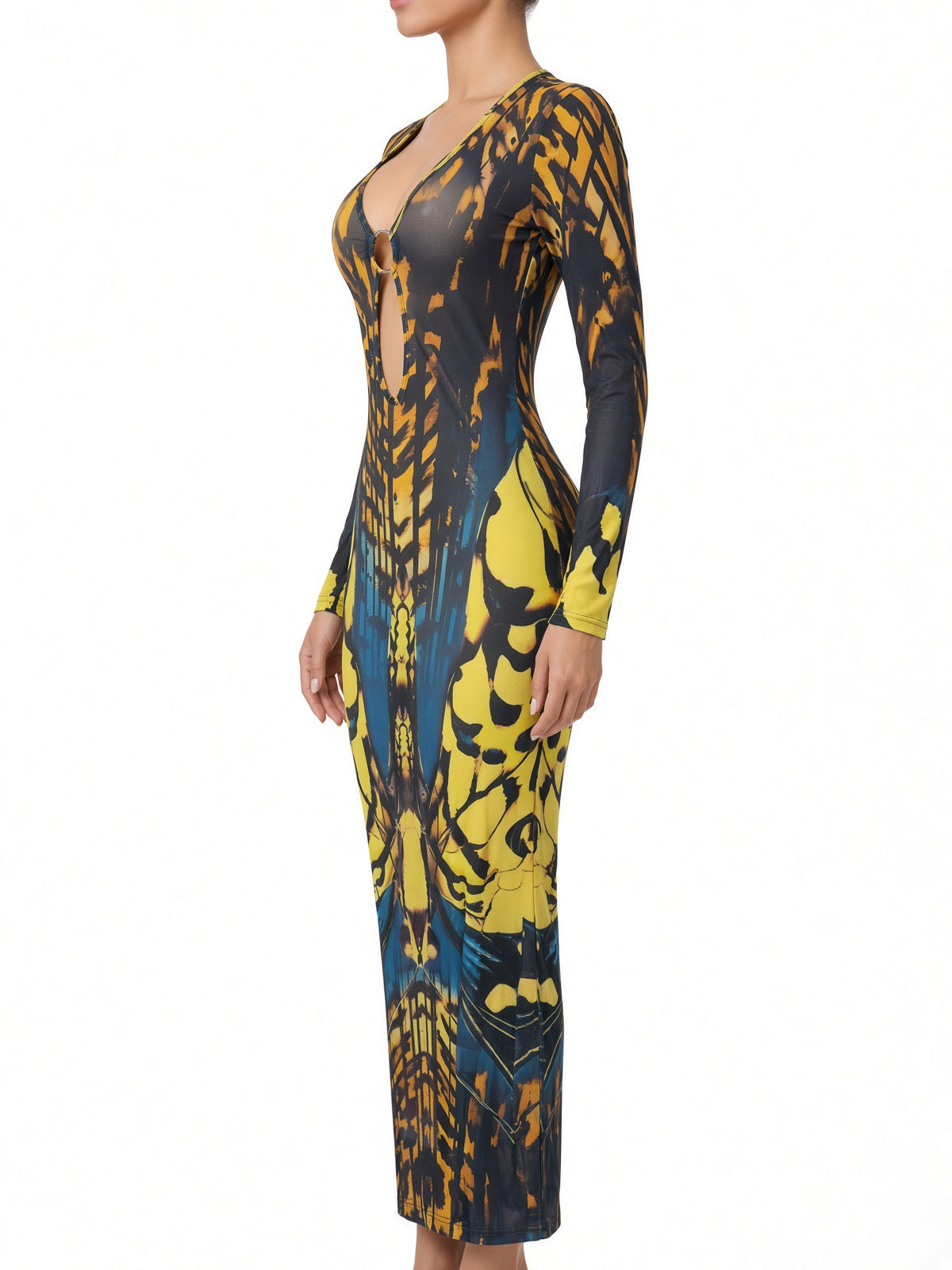 Overlapping Ring Closure Long Sleeve Low Cut Back Split Dress