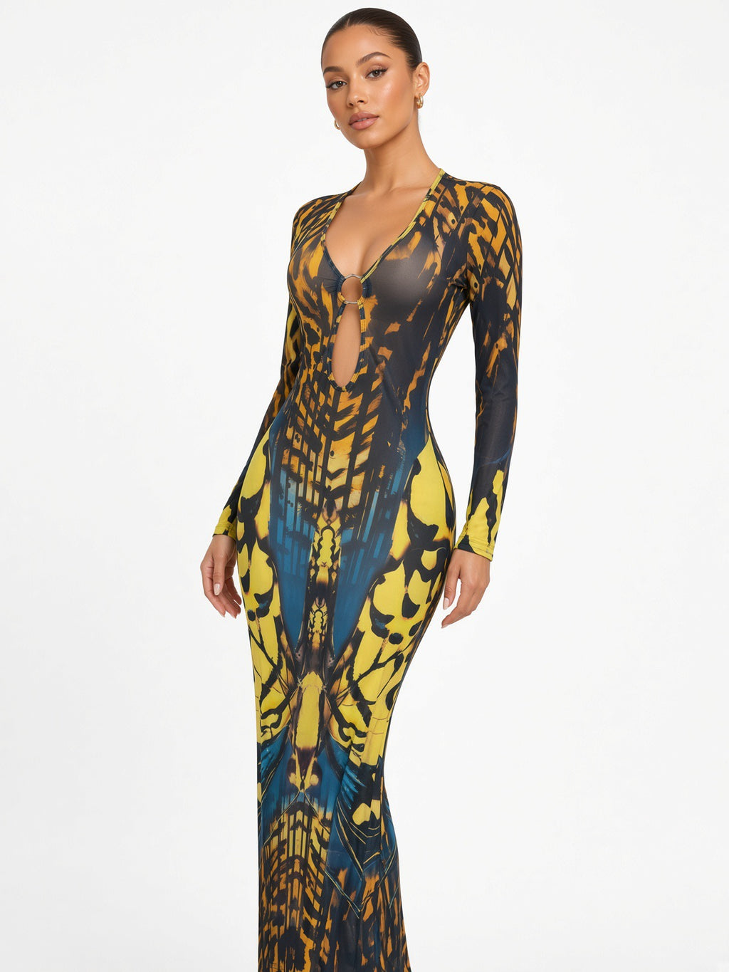 Overlapping Ring Closure Long Sleeve Low Cut Back Split Dress