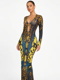 Overlapping Ring Closure Long Sleeve Low Cut Back Split Dress