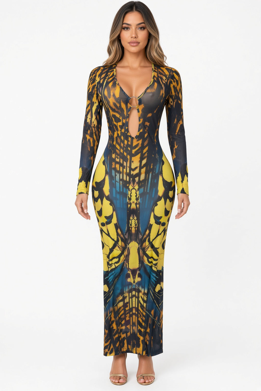 Overlapping Ring Closure Long Sleeve Low Cut Back Split Dress