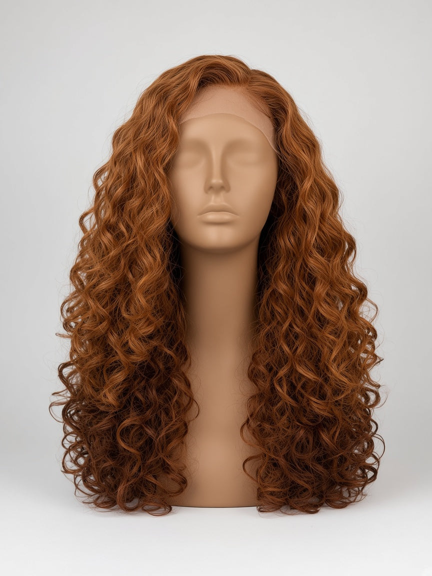 Tiara Long Curly Lace Front Wig, Auburn Chestnut, Deep Part, Natural Hairline