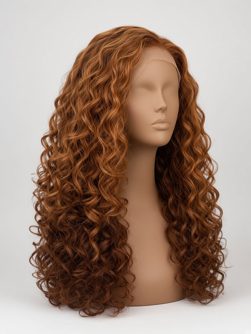 Tiara Long Curly Lace Front Wig, Auburn Chestnut, Deep Part, Natural Hairline