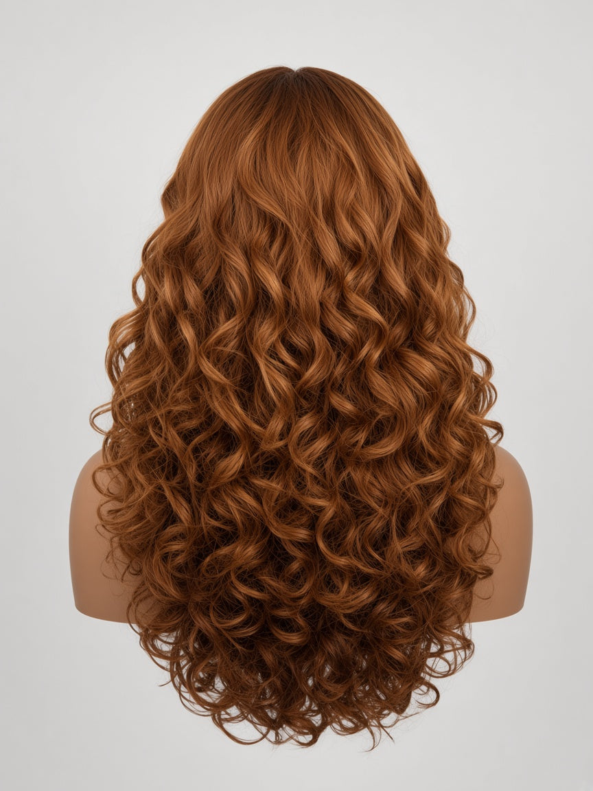 Tiara Long Curly Lace Front Wig, Auburn Chestnut, Deep Part, Natural Hairline